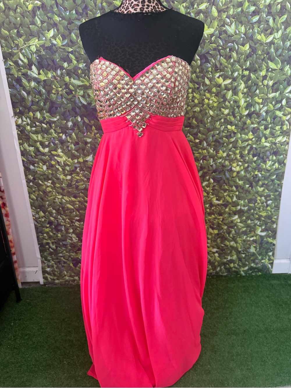 Panoply Strapless Hot Pink Gown with Gold Beaded Bodice 104